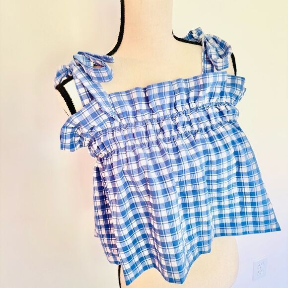 Ganni Murillo Seersucker Crop Top – Blue Plaid Gingham Swimwear, Size M - Picture 6 of 9